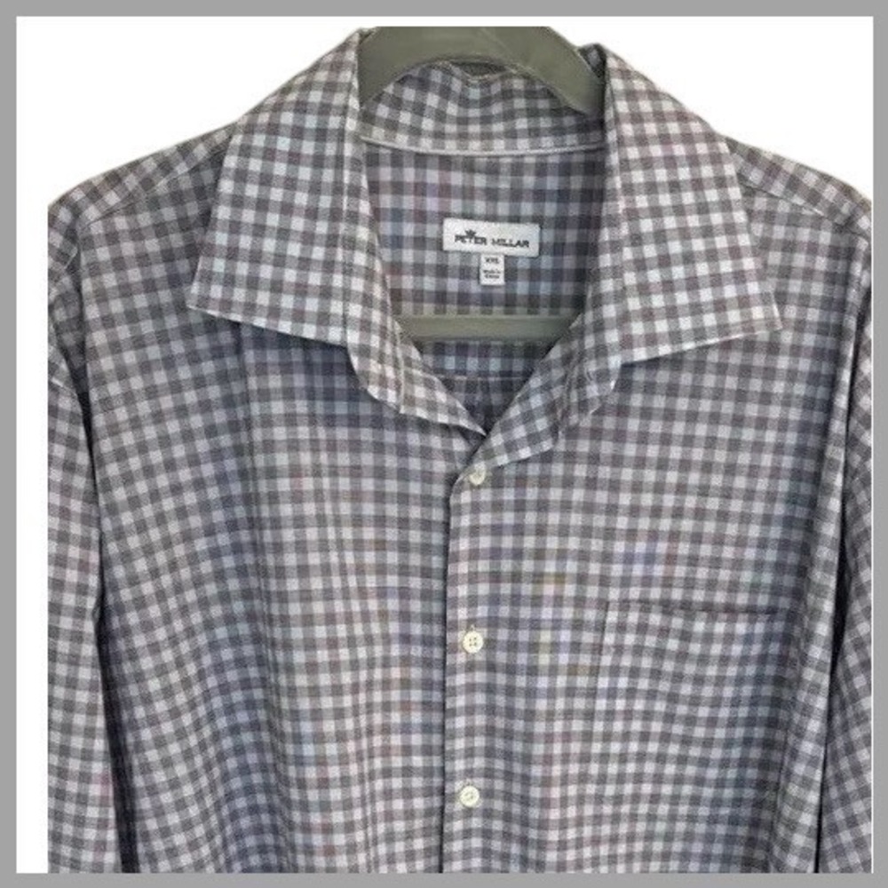 Peter Millar Blue/Gray Checkered Gingham Men's Button Up LS Men's Shirt, Sz. 2XL
